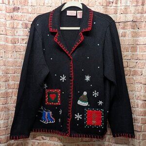 Basic Editions Holiday Cardigan Black with Holiday Embroidery Size XL